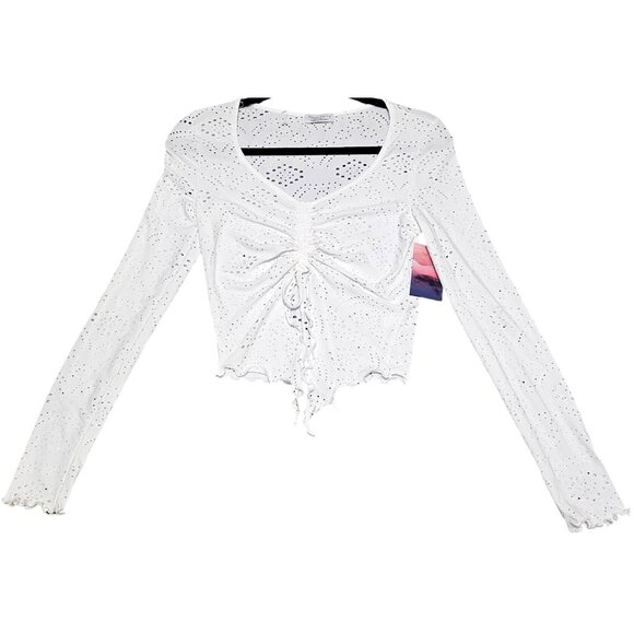 Haley & June White Cropped Long-Sleeve Eyelet Top W/ Ruched Drawstring Front Med - Picture 5 of 7